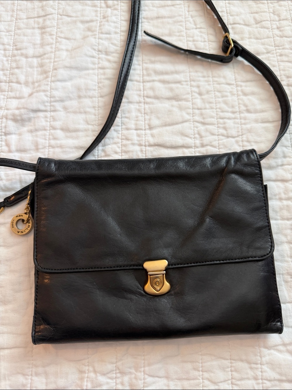 Vintage Perlina Black Leather Crossbody with Gold-Tone Clasp